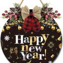 Front Door Sign Rustic Round Door Decor Happy New Year Round Hanging Sign with Bow for Xmas Decor Door Decoration