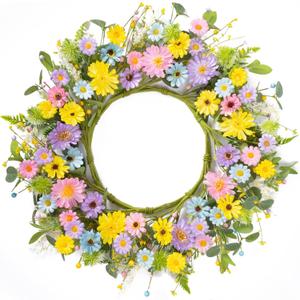 24" Front Door Wreath for Spring Summer Floral Seasonal Wreath with Colorful Flower Vibrant Artificial Daisy &Eucalyptus with Berries for Indoor & Outdoor Wall Home Decor (Pastel Multicolored)