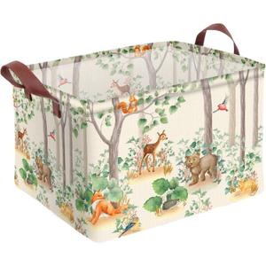 Woodland Animal Storage Basket Waterproof Canvas Toy Storage Bin Home Forest Decor Collapsible Outdoor Basket with Leather Handles Woodland Decor Blanket Baskets For Closets ,Bedrooms, Gifts Baskets
