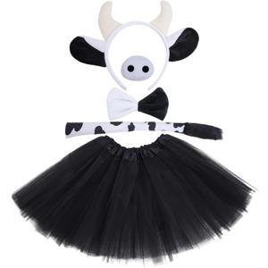 Dxhycc 5 Pieces Milk Cow Costume Set Cow Ears Headband Nose Tail Bowtie Tutu for Halloween Dress Up Animals Cosplay Set