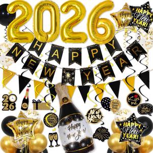 New Year Decorations 2026 New Years Eve Party Supplies Happy New Year Banner Glasses 2026 Balloons Hanging Swirl for New Years Eve Party Decorations