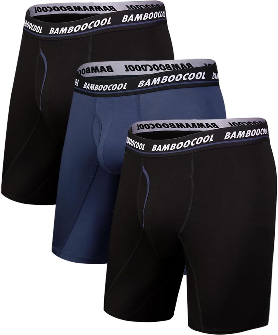 BAMBOO COOL Men's Long Boxer Briefs Performance Long Leg Sports Boxer Brief Underwear MultiPack (Black, XXL)