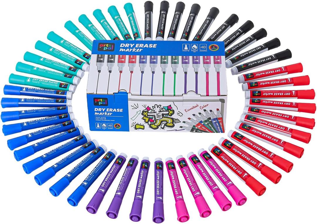 Arts Pal Dry Erase Markers, 48 Count 6 Vibrant Colors, Chisel Tip, Low Odor, Easy Erase, Whiteboard Markers for Classroom, Office, Home, Teachers, Kids, Creative Projects, Back to School Supplies
