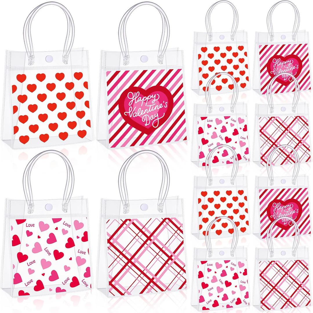 Sweetude 24 Pcs Valentine's Day Clear Gift Bags with Handles Galantines Party Favor Plastic Valentines Candy Treat Goodie Bags for Holiday Winter Wedding Birthday Party Supplies(happy Valentine's Day)