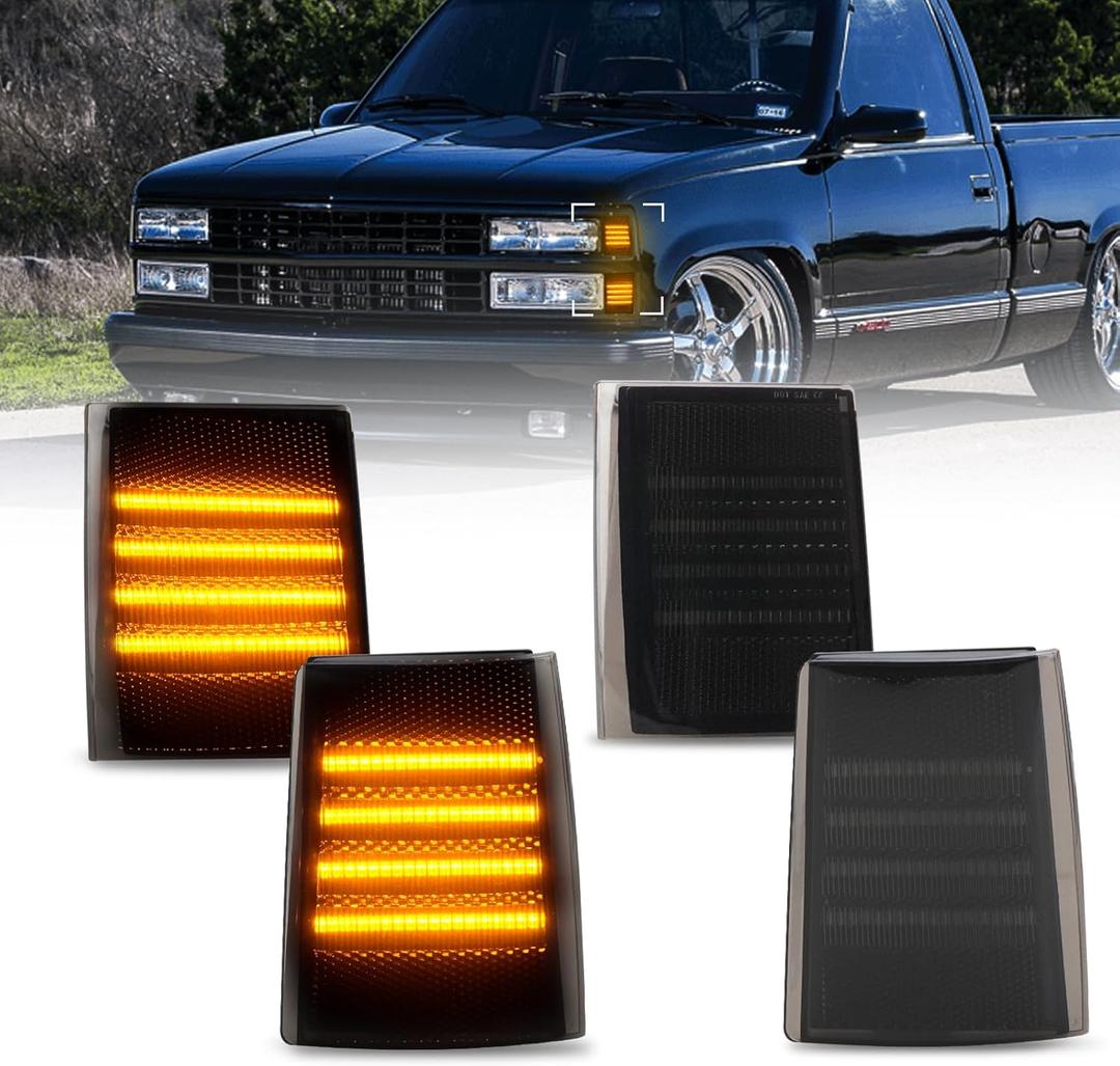 Bestview Front Corner Light Assembly Compatible with 1988-1993 Chevy C/K 1500 2500 3500 C10 Silverado Suburban Tahoe, Upgraded Harness Design, Smoked Lens Amber LED 4Pcs