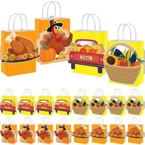MotiMind 24 Pcs Thanksgiving Day Paper Gift Bags Party Favors Autumn Paper Gift Bags with Handles Turkey Favors Candy Treat Goodies Bag for Harvest Fall Thanksgiving Day Autumn Supplies