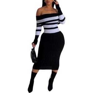 Women's Casual Sexy Off Shoulder Slim Knitted Long Sleeved Striped Maxi Party Dresses White, Size M