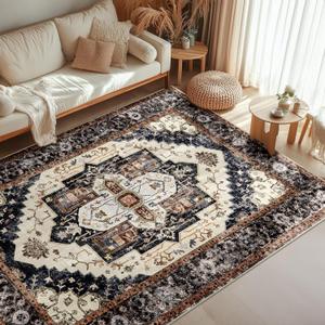 Washable 5x7 Area Rugs, Rugs for Living Room, Low-Pile Water&Stain Resistant Carpet Vintage Distressed Printed Non-Slip Carpet for Bedroom Bathroom Kitchen-Light Yellow/Choco/Brown/Navy Blue