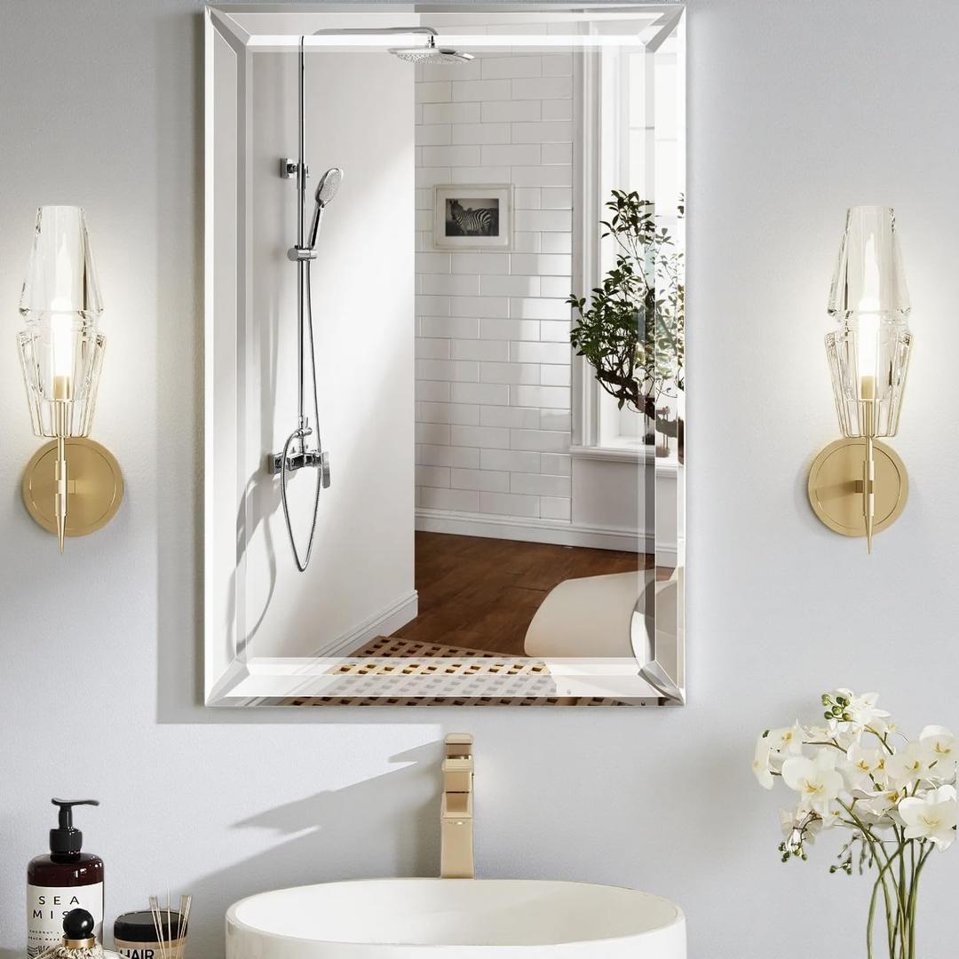 Bathroom Medicine Cabinet with 22x30 Inch Frameless Beveled Edge Mirror, Surface/Recessed Mount Vanity Storage Cabinet for Bathroom