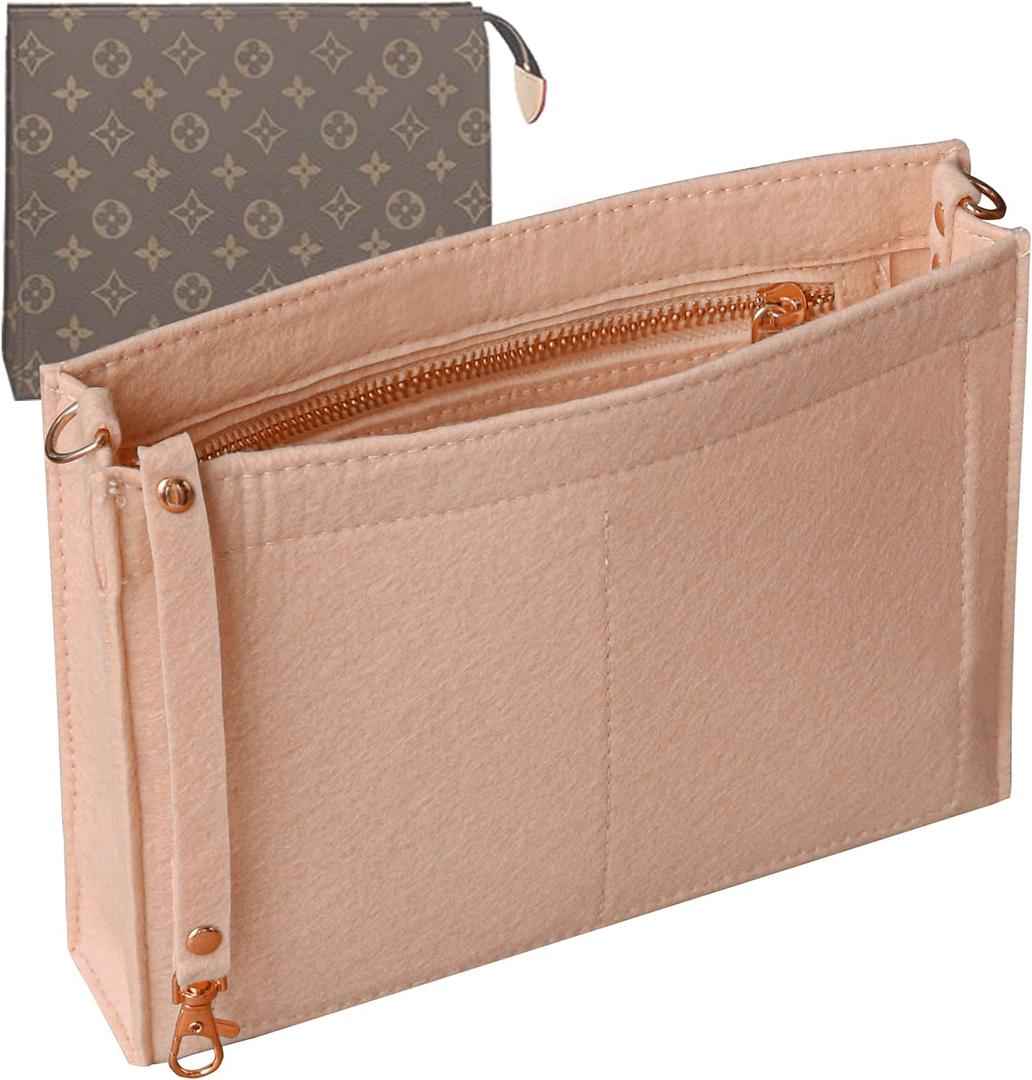 Soyizom Felt Purse Tote Insert Fits Toiletry Pouch - Messenger Bag Liner - Women's Hangbag Purse Tidy Organizer with Gold Buckle&Keychain (Large-26, Pink)