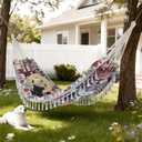 Double Boho Macrame Hammock with Tassels, Portable Patio Hammock with Carry Bag for Poolside, Camping, Porch Patio, Bedroom, Balcony, OutdoorIndoor59''*79''