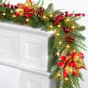 6.5 FT Christmas Garland with Lights & Timer, 20 LED Pre-lit Lighted Garland with Red Berry & Flower, Battery Operated Greenery Pine Cypress Garland Realistic for Fireplace Mantle Door Stairs Table