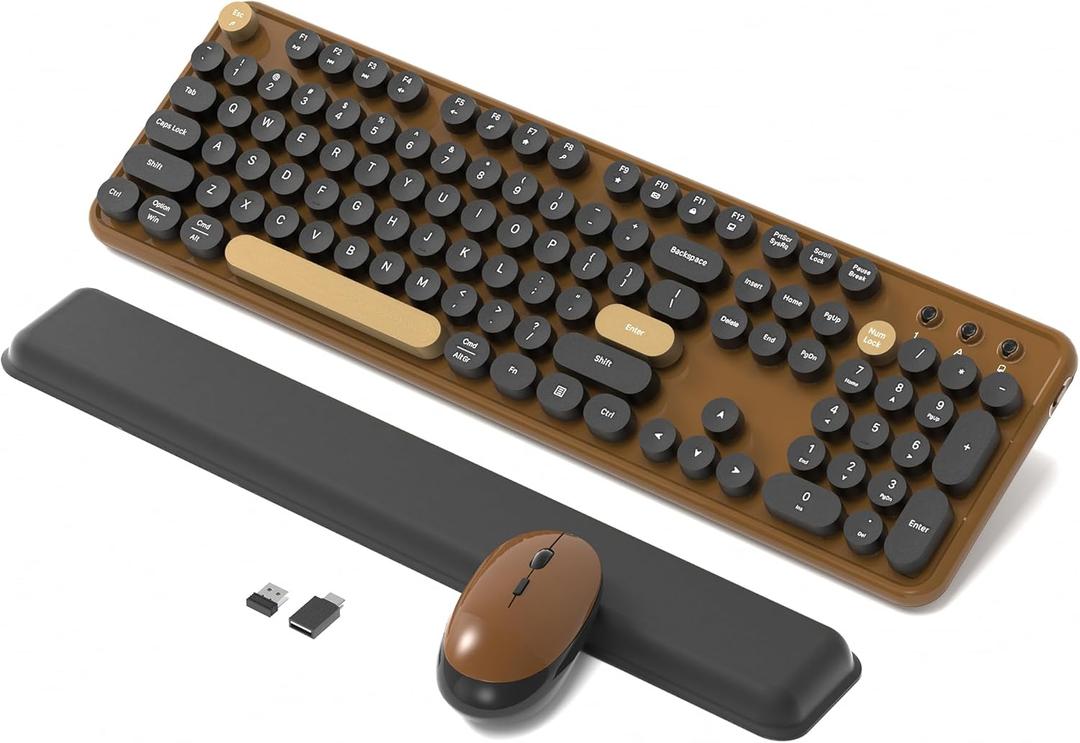 Retro Wireless Keyboard and Mouse Combo with Wrist Rest - Aesthetic Typewriter Style, Full-Size Clicky Tactile Floating Round Keys, 2.4GHz Ergonomic Set for Mac, Windows(Coffee Color)