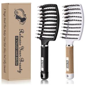 Detangling Brush Boar Bristles Set KTKUDY Hair Brush Curved and Vented Detangler Brush for Women Men Kids Wet and Dry Hair (Black&White)