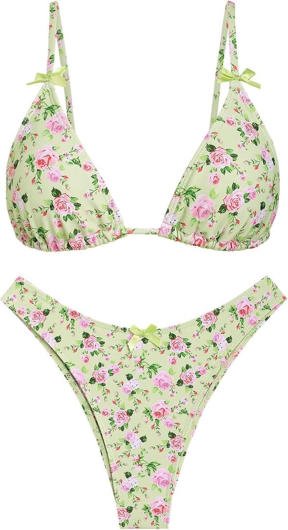seamoly Women's Bikini Sets Tie Back Bowknot Two Piece Swimsuits Triangle Thong Bathing Suit Gingham Floral Cherry Printing (Green, M)