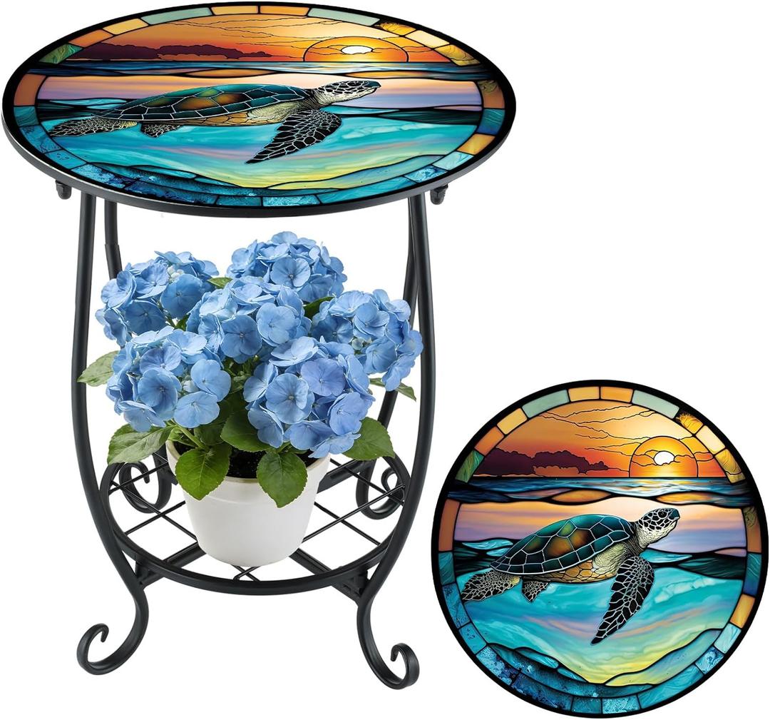 Cinnvoice Outdoor Side Table Round Small Mosaic Patio Accent Indoor End Plant Coffee Tea Table for Yard Patio Porch Garden Living Room, Bedroom(Turtle Style,12 Inch)
