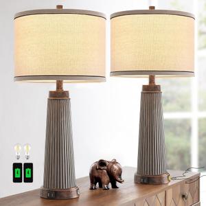 Set of 2 Farmhouse Table Lamps for Living Room, 3 Way Dimmable Touch Table Lamp with Dual USB Ports, Rustic Vintage Nightstand Lamp for Bedroom Bedside End Table Entryway, 2 Bulbs Included (Bronze)