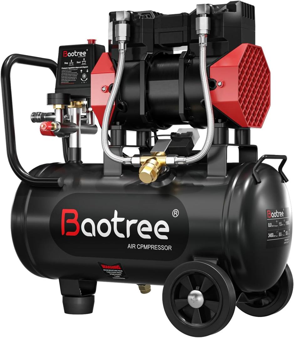 8 Gallon Ultra Quiet Air Compressor with Two Quick Couplers, 1.5HP 4.52 CFM, Max 115 PSI Oil-Free Air Compressor Tank, 110V/60hz, 70dB Air Compressor for Car Repair, Spray Painting, Woodwork Nailing