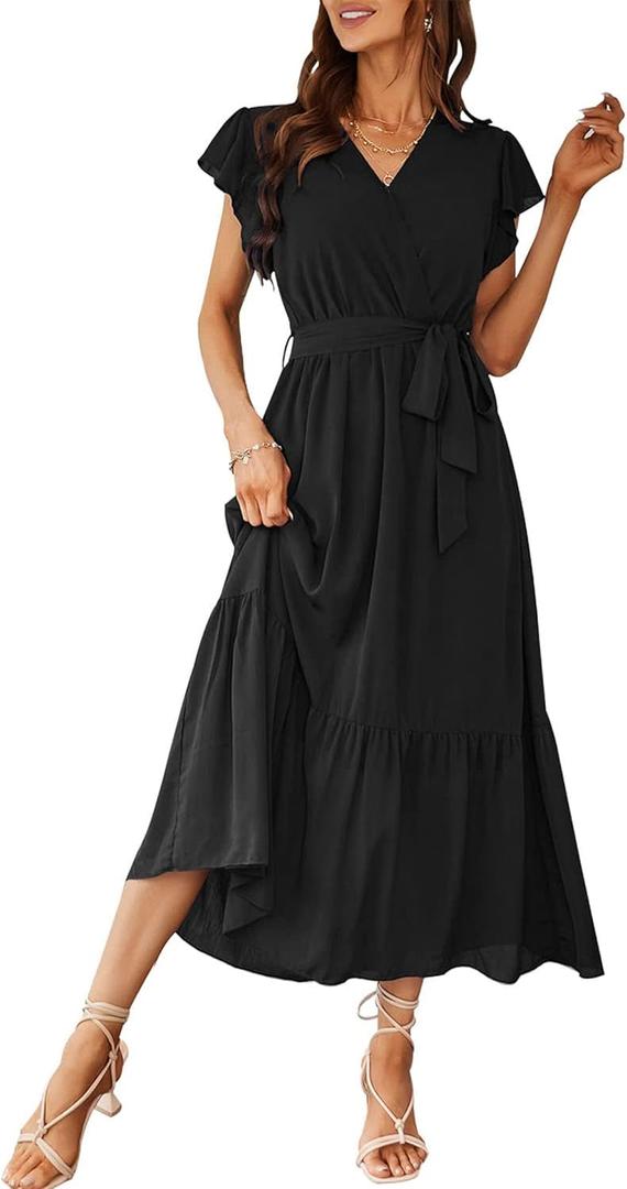 PRETTYGARDEN Women's Summer Floral Boho Maxi Dress Short Sleeve Wrap V Neck Ruffle Long Flowy Beach Wedding Guest Dresses (Black, XL)