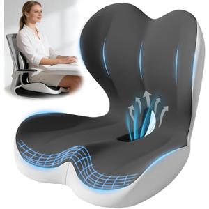 Office Chair Seat Cushion with Back Lumbar Support, Ergonomic Memory Foam | Integrated L-Shaped Backrest and Coccyx Cutout with Non-Slip Base for Car Seats, Wheelchairs and Long Sitting Comfort