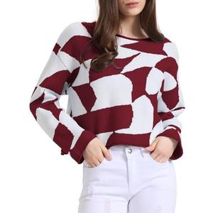 Pack Of 3 Blocac Women's Sweaters Color Block Cropped Sweater Tops Long Sleeve Loose Pullover Knit Jumper Top Checkered Fall Fashion, L