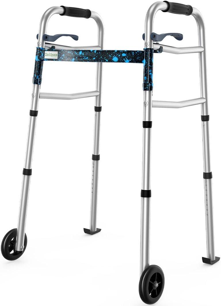 OasisSpace Compact Folding Walker with Trigger Release and 5 Inches Wheels for Seniors Elderly [Accessories Included] Narrow Lightweight Support up to 350 lb(FSA or HSA Eligible)