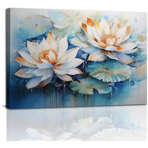 White Lotus Canvas Wall Art Lotus Flower Picture Prints Zen Floral Bloom Paintings for Bathroom Meditation Room Decor Framed(Lotus-3,16.00" x 24.00")