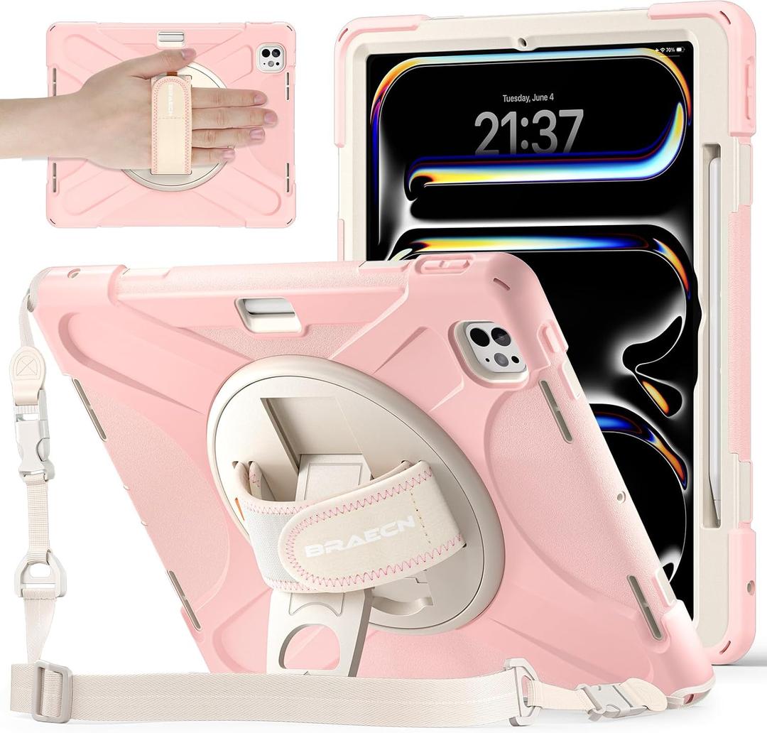 BRAECNstock Case for Apple iPad Pro 13 inch M5 2025 / M4 2024, Shockproof Protective Kids Case with Pencil Holder [360 Rotating Hand Strap + Stand], Shoulder Strap, Sakura Pink