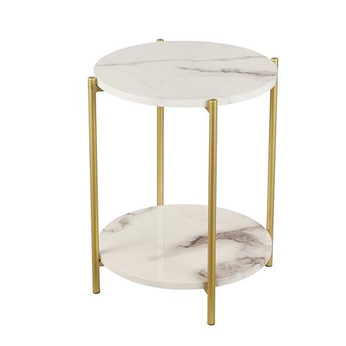 Gawicpy 2 Tier Round Side Table, Marble End Tables Coffee Table Simplistic Sofa Table Waterproof Removable Tray Table Indoor Outdoor Accent Table for Living Room Bedroom (Faux Marble White)