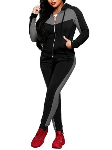 Bealin Women's Jogging Sets 80s 90s Two Piece Outfits Sweatsuit Long Sleeve Zip Tops and Sweatpants Workout Tracksuit Sets Black Grey L