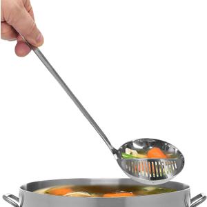 Stainless Steel Straining Ladle  Kitchen Discovery  2 in 1 Strainer Ladle for Soups and Stews Drains Liquids from Solids. Serving Ladle with Built In Strainer is Safe in Boiling Water and Hot Oil
