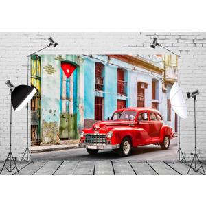BELECO 10x8ft Fabric Vintage Street Red Car Backdrop Old Havana Cuba City Classic Car Old Building Cuban Background for Theme Party Decor Kids Adults Portrait Photo Studio Props