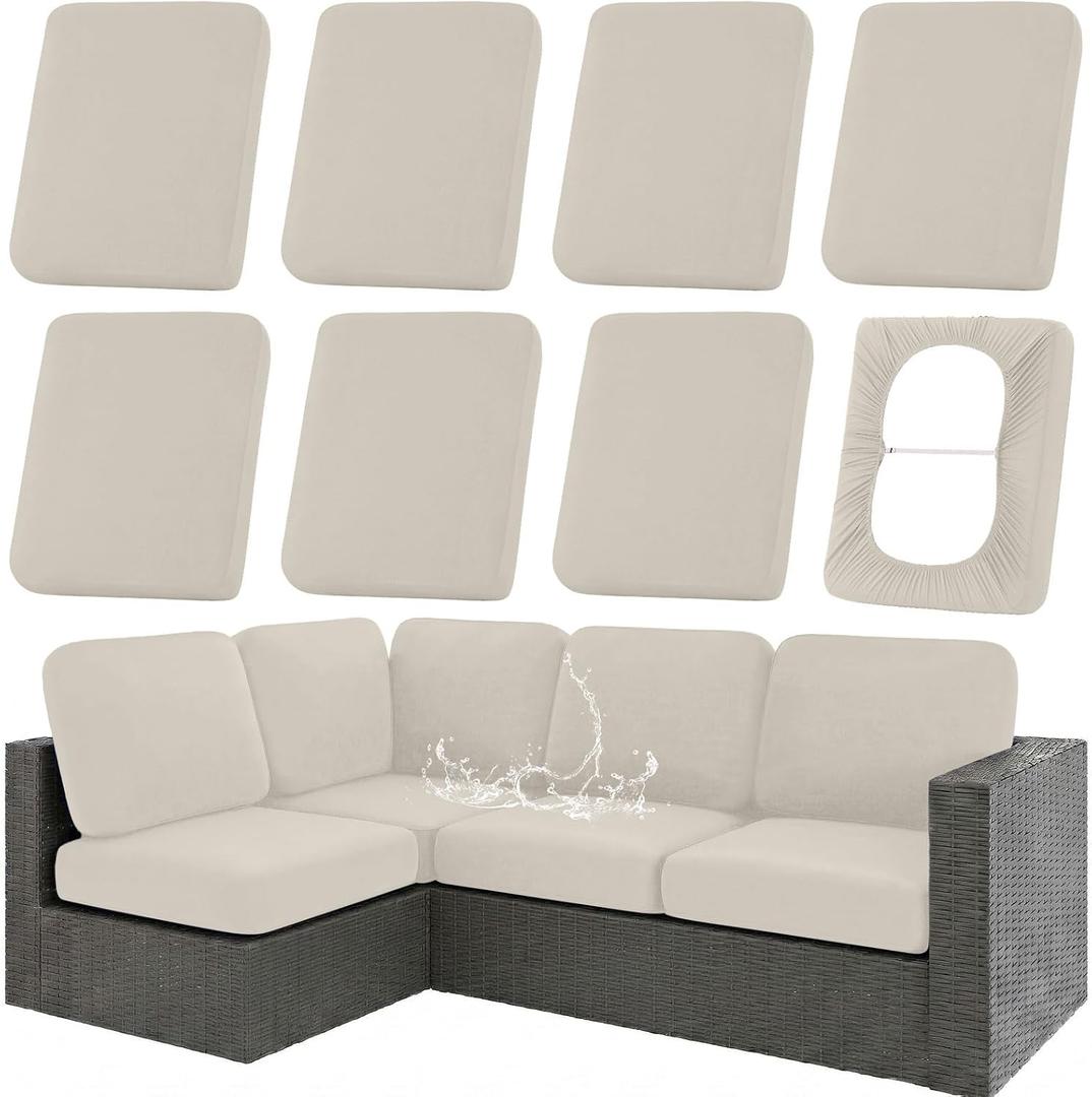 hyha Waterproof Outdoor Cushion Covers for Patio Furniture, Stretch Patio Chair Cushion Slipcovers, Coated UV Resistant Replacement Seat Covers, Solid Color (Taupe, 8PC)