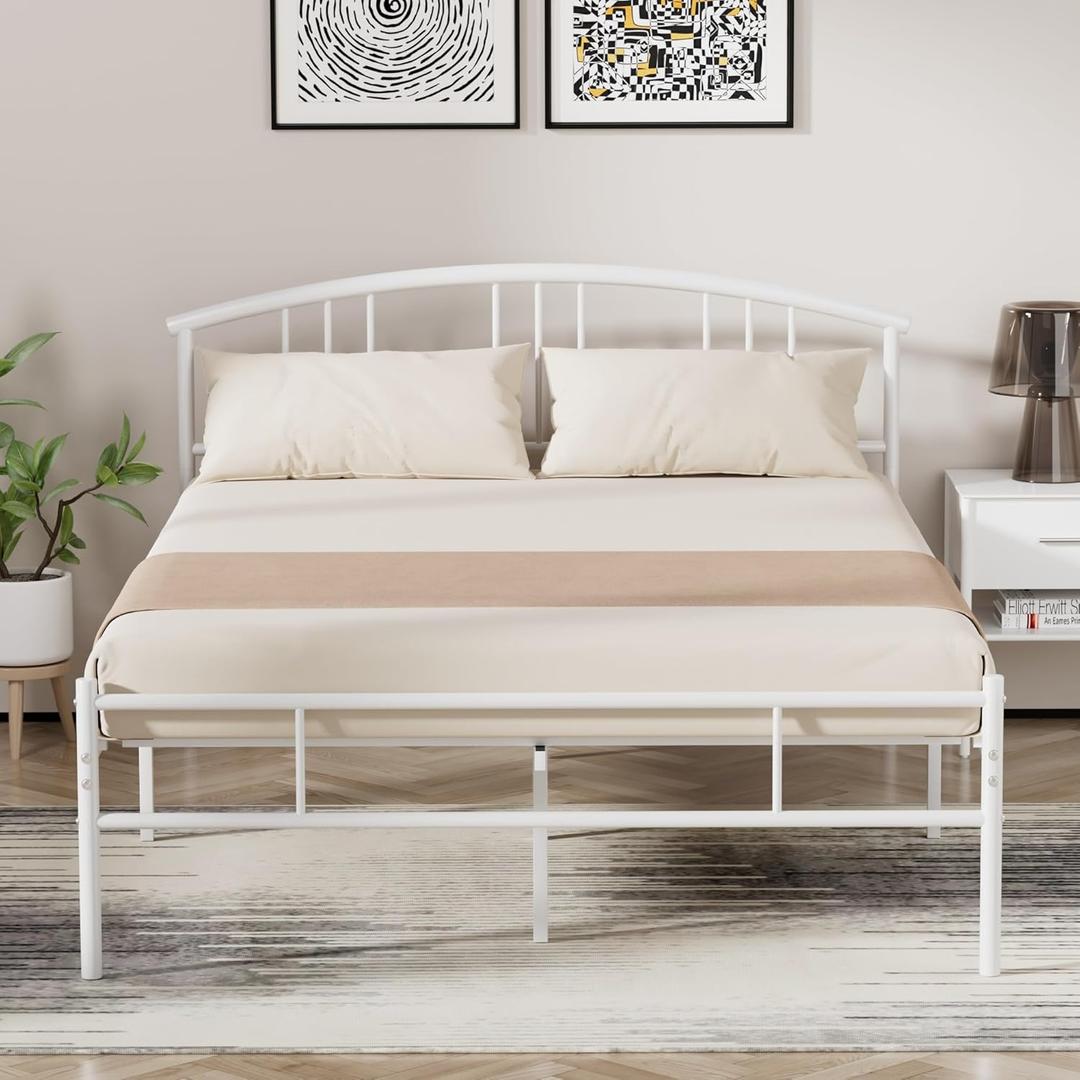 VECELO Full Size Bed Frame with Headboard and Footboard, Metal Platform Mattress Foundation, Sturdy Steel Slat/No Box Spring Needed/Under Bed Storage/Easy Assembly (White)