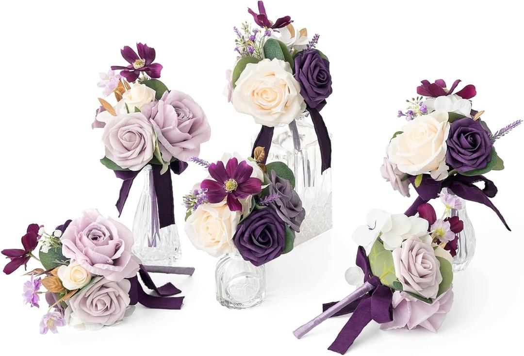 Ling's moment Lilac Wedding Flowers Mini Bridesmaid Bouquets Set of 6 Light Purple Pre-Made Small Floral Lavender Rose Wedding Centerpieces - Lilac & Gold
