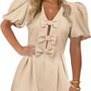 Cicy Bell Womens Cute Rompers Bow Front Puff Sleeve V Neck Short Jumpsuits Sexy Summer Outfits with Pockets (L)