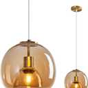 Amber Glass Pendant Lights Kitchen Island Gold Hanging Light Fixture Glass Globe Pendant Light Modern Pendant Lighting for Kitchen Island Bedroom Dining Room (9.84", 1 Pack)