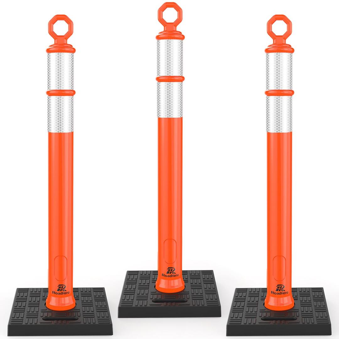 RoadHero 42 Inch Delineator Post with Base, Portable Orange Traffic Delineator Posts Cones with Reflective Collars for Parking Lots, Road Safety, Construction Events (3 Pack)