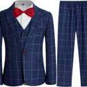 Boys Suit Ring Bearer Outfit 4 Pieces Kids Formal Wedding Suits Set Plaid Striped Blazer Vest Pants Blue (170/14yrs)