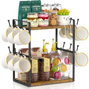 EsLuker.ly Coffee Station Bar Organizer Mug Holder Stand Countertop, 2 Tier Mug Cup Tree Rack for Kitchen Office, Storage Shelf with 12 Hooks, Creat Stylish Coffee Corner (Vintage Brown + Black)