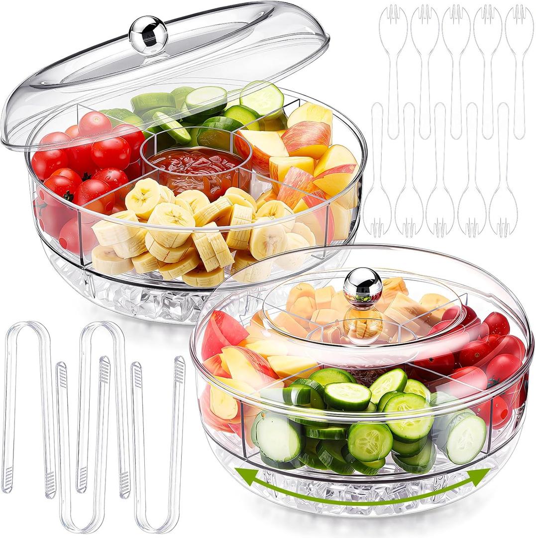 Nuogo 2 Pcs Rotating Chilled Serving Tray with Lid 10" Ice Chilled Party Platter with 5 Compartment Tongs Sporks for Veggie,Taco,Fruit,Salad, Party Supplies