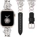 Minyee Compatible with Apple Watch Band 42/41/40/38/44/45/46/49mm Women, Dressy Slim Elegant Leather Metal Chain Strap with Bling Camellia Charms for iWatch Series 11 10 9 8 7 6 5 4 SE/Ultra 3 2 1