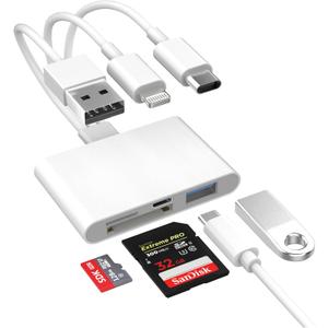 4-in-1 SD Card Reader for iPhone iPad Mac, USB-C+Lightning+USB 3.0 OTG Adapter, Fast Transfer from Camera SD/TF Card to Phone, Compatible with Flash Drive