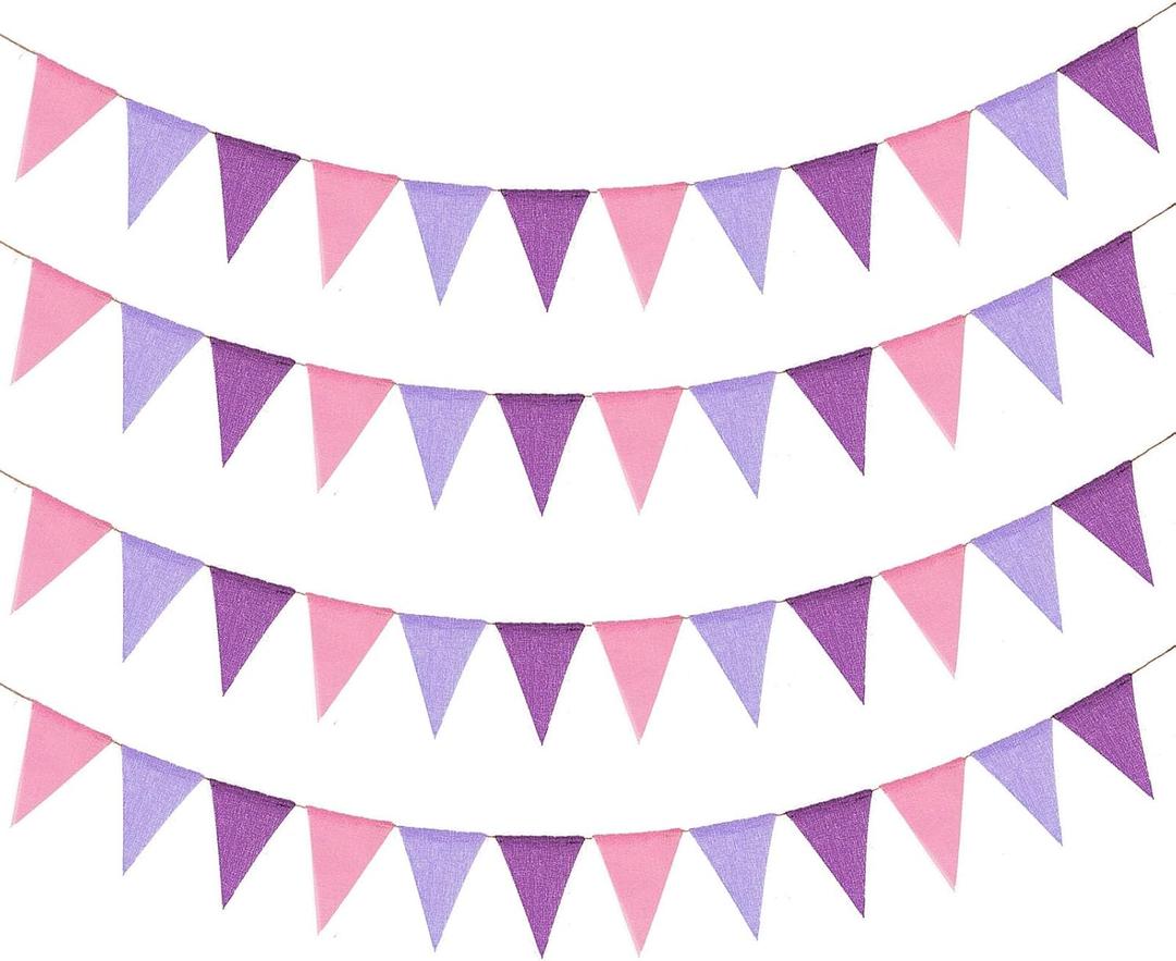 Purple Pink Pennant Banner Flags - 48pcs Prestrung Fabric Pink and Purple Birthday Party Decorations for Girls Women