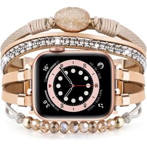 VISOOM Beaded Boho Bracelet Compatible for Apple Watch Band 40mm/38mm/41mm Series 10 9 8 7 SE Series 6/5/4 Women Leather Fashion Cute Handmade Multilayer Wrap Watch Strap for iWatch Bands 3/2/1