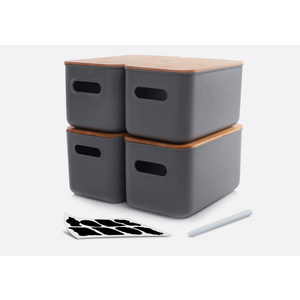 Citylife 4 Packs Plastic Storage Bins with Bamboo lids Stackable Storage Containers for Organizing, Bundled with Labels and Marker 10.24 x 7.01 x 6.1 inch (4 PCS- Medium, Grey)