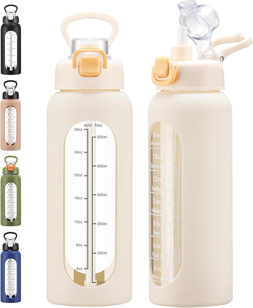 32 oz Glass Water Bolttles with Straw Large Motivational Water Bottle with Time Marker Sports Water Bottles with Silicone Sleeve and Handle Lid Water Jug for Gym Workout (White)