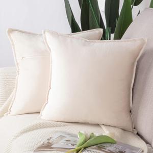 MADIZZ Set of 2 Super Soft Velvet Decorative Throw Pillow Covers 18x18 inch Beige Square with Fringe Luxury Style Cushion Case Pillow Shell for Sofa Bedroom