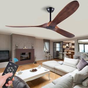 Solid Wood Ceiling Fans Without Light, 52 Inch Real Wood Ceiling Fan with Remote Control and 3 blade, Natural Wood Ceiling Fan Waterproof, Indoor Outdoor Ceiling Fans for Patio, Bedroom, Living room (Deep Walnut Blades + Black Body)