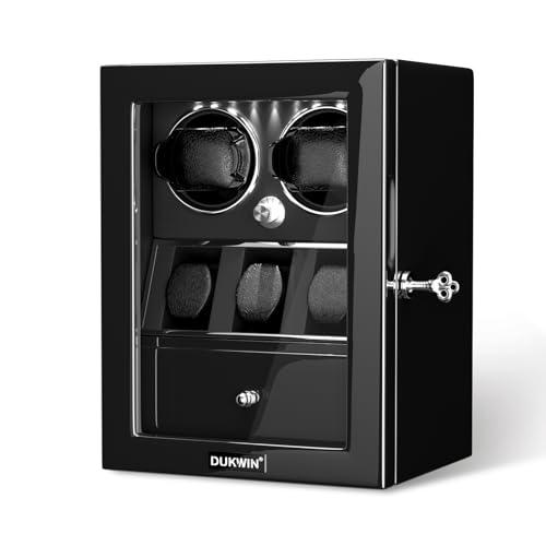 DUKWIN Watch Winder for 2 Automatic Watches,Lockable Watch Winders with Watch and Jewelry Storages, Super Quiet Mabuchi Motor with High-Gloss Piano Lacquer Finish,Built-in Illumination Black